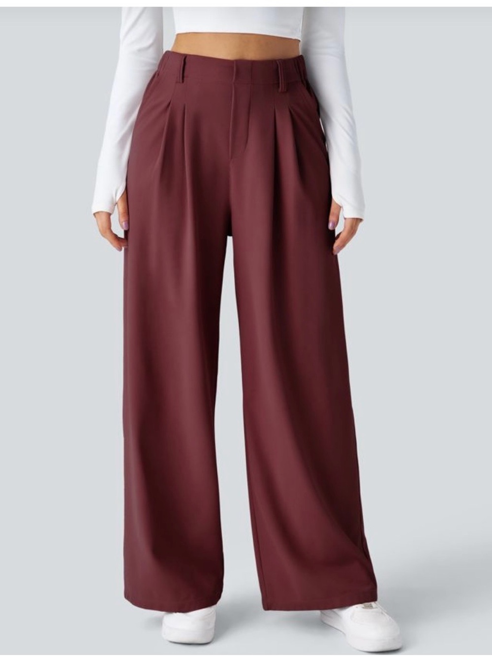 HALARA Wide-Leg Pleated Pants in Burgundy